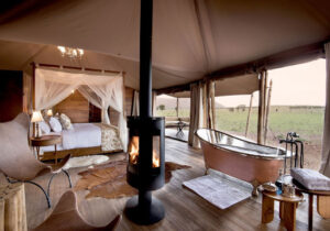 Luxurious safari tent at One Nature Nyaruswiga in Serengeti Naitonal Park